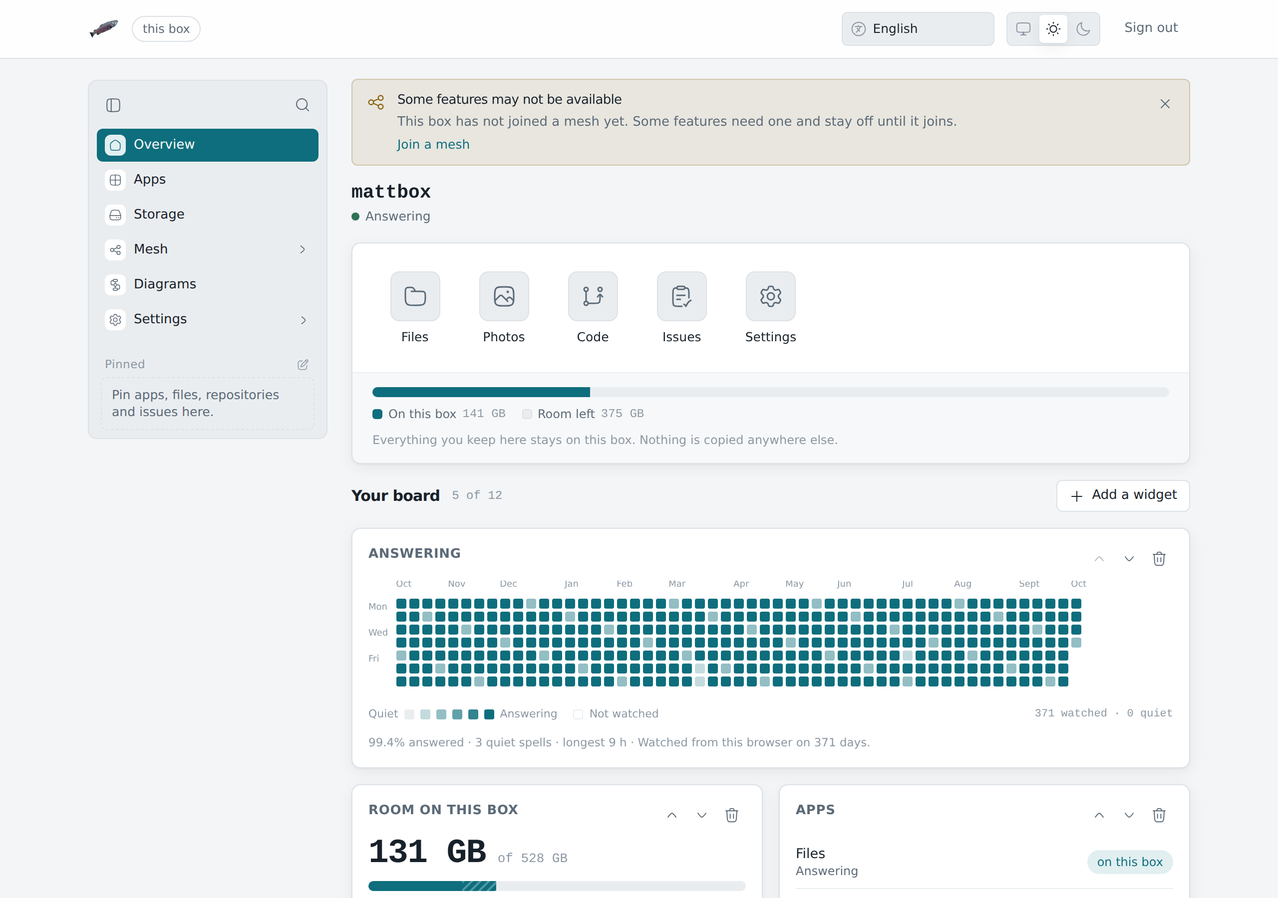 The admin pages of a box: the app tiles for LosOS Cloud and LosOS Git, the storage card and a board of widgets.