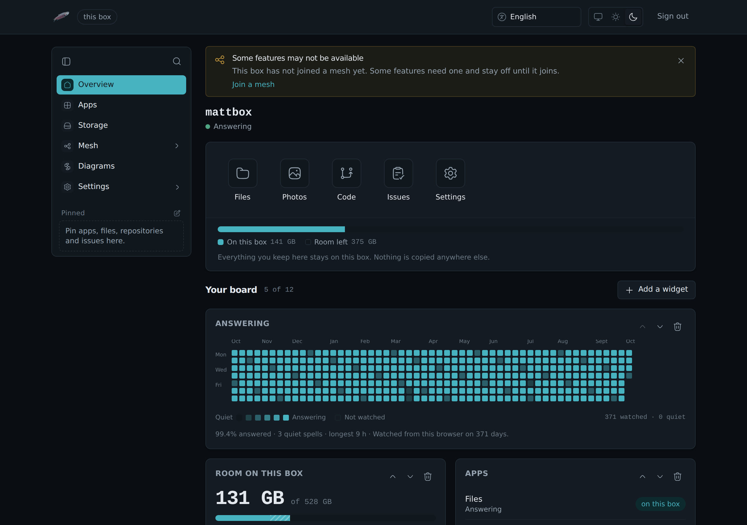The admin pages of a box: the app tiles for LosOS Cloud and LosOS Git, the storage card and a board of widgets.
