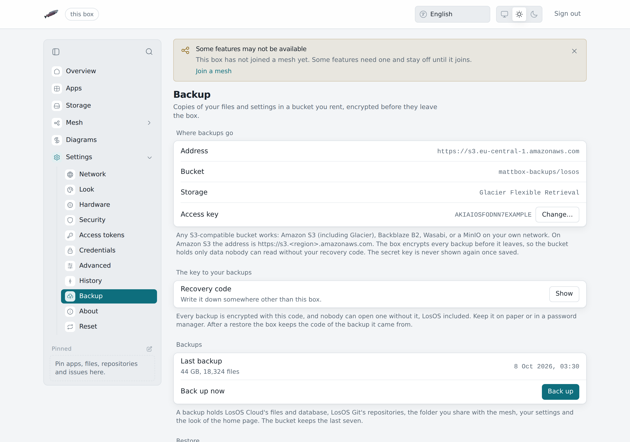 Settings, Backup: the bucket, the recovery code behind Show, the last backup and the restore field.