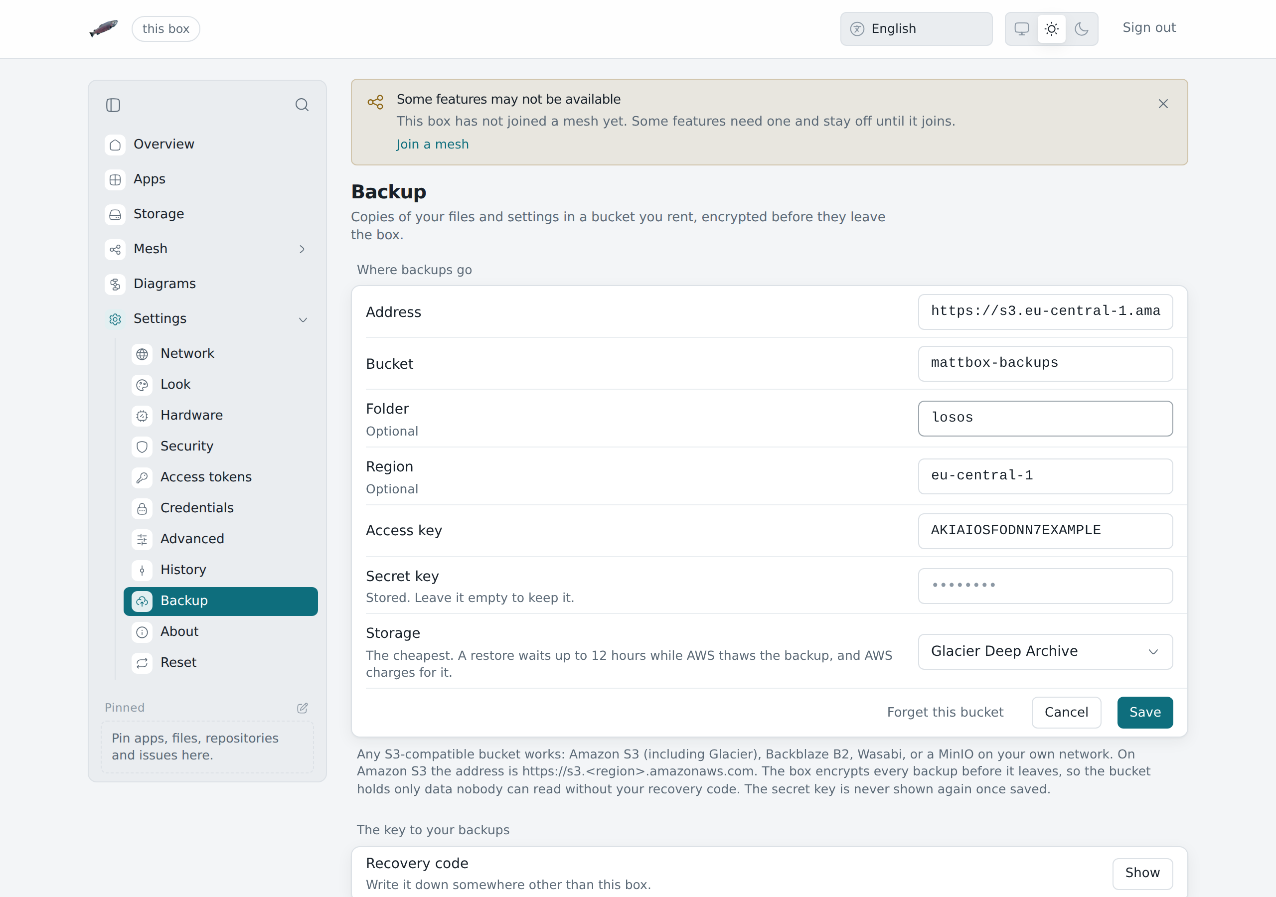 Settings, Backup: the bucket form with Glacier Deep Archive chosen under Storage.