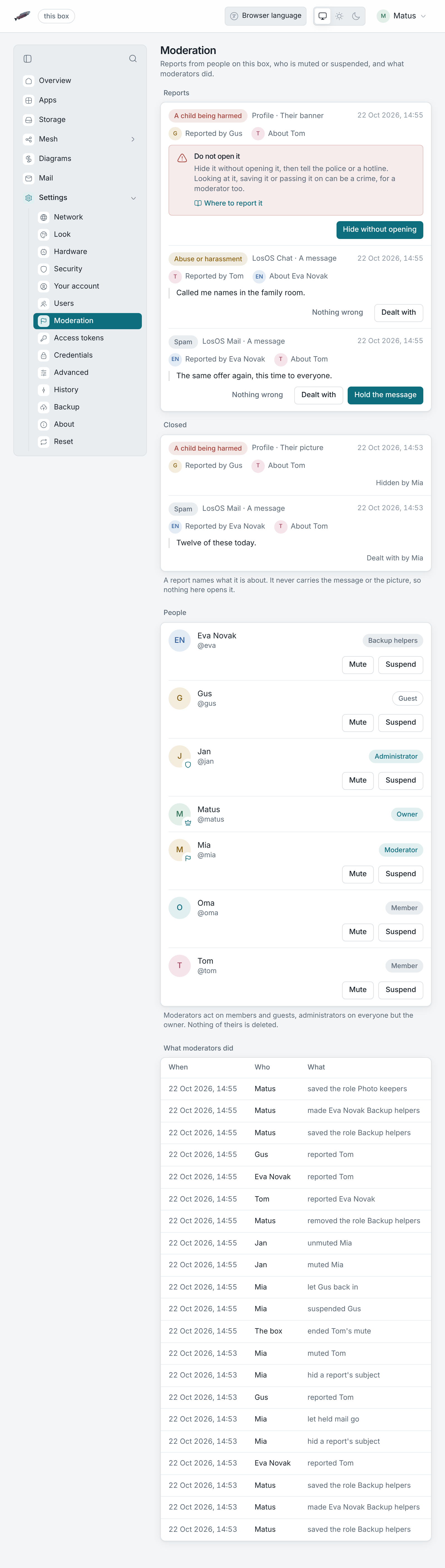 The Moderation pane: open reports first, then the people a moderator can hold, then the log.