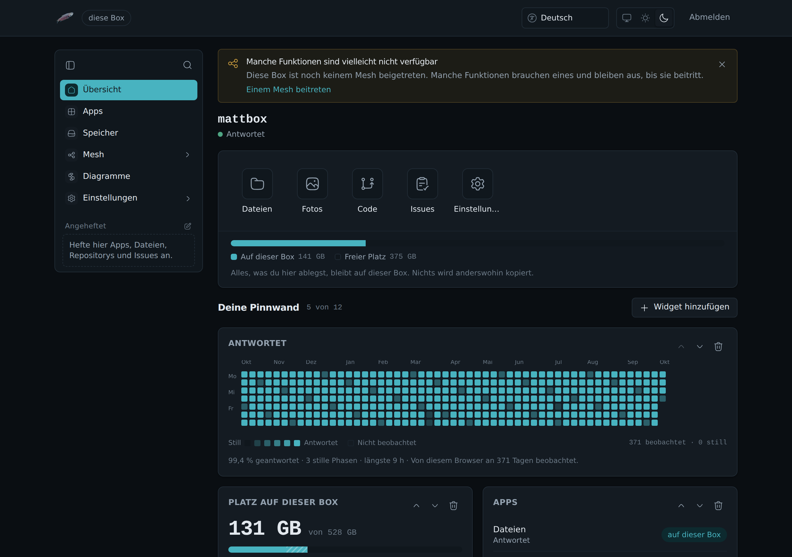 Die Verwaltung einer Box: die App-Kacheln für LosOS Cloud und LosOS Git, die Speicherkarte und eine Tafel mit Widgets.