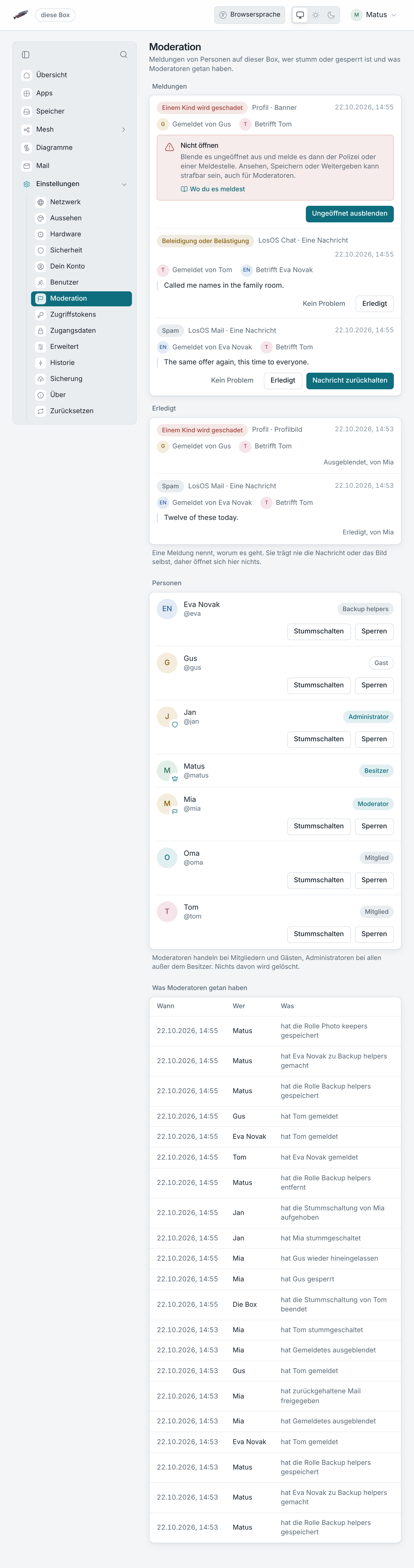 Der Bereich Moderation: zuerst offene Meldungen, dann die Personen, die ein Moderator anhalten kann, dann das Protokoll.