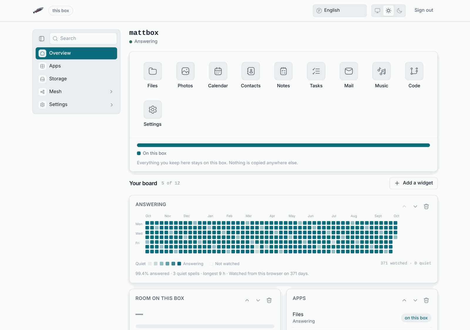 The admin pages of a box called mattbox: the app tiles, the storage card and the board of widgets.