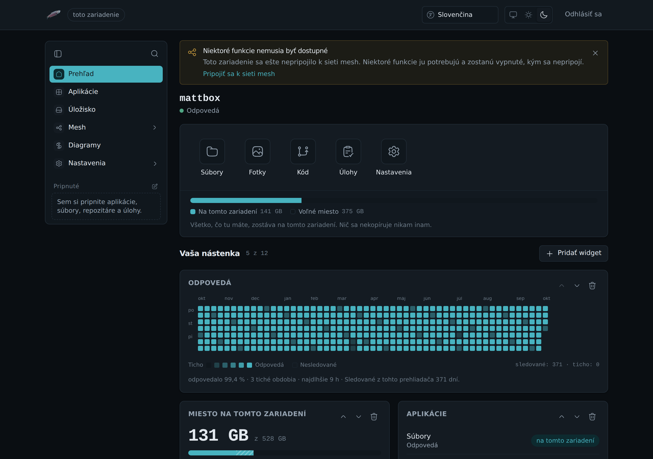 Správa boxu: dlaždice aplikácií LosOS Cloud a LosOS Git, karta úložiska a tabuľa widgetov.